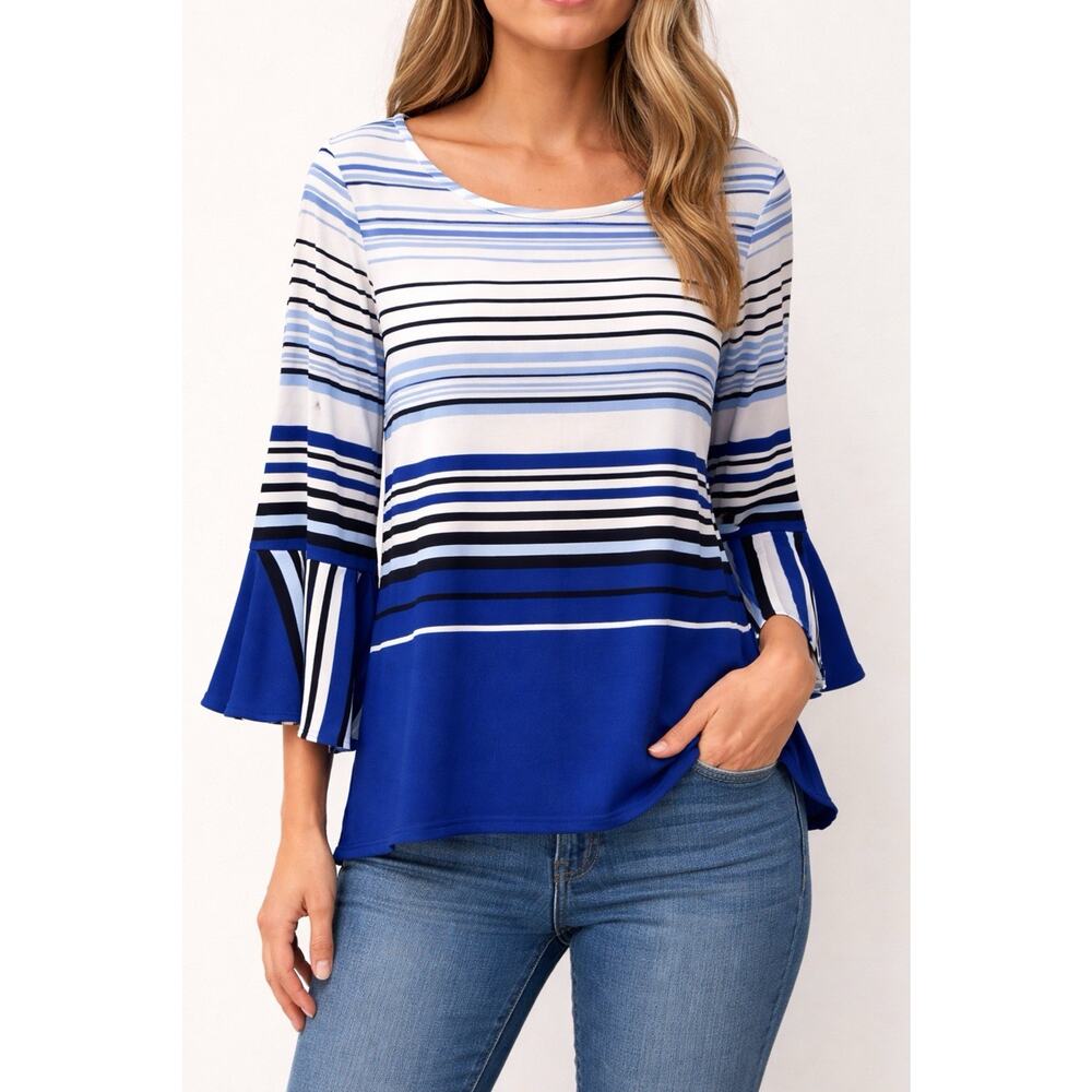 The Limited Blue Striped Bell Sleeve Blouse Tie Neck Womens Medium